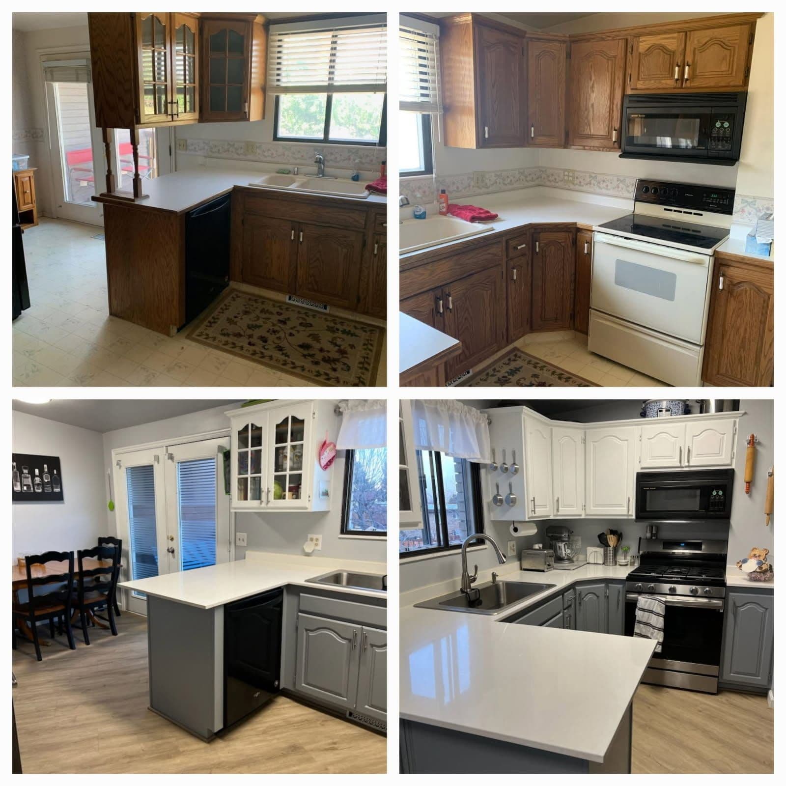 Before-and-after of a kitchen: dated oak cabinets transformed into painted white and gray cabinetry.